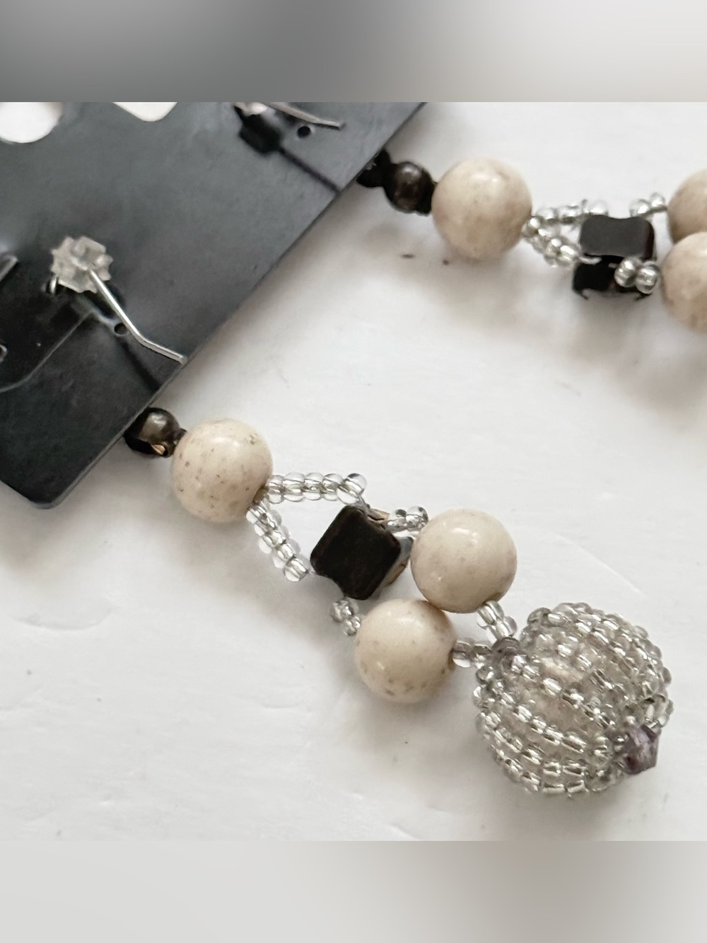 Chico’s Additions Beaded Drop Earrings in Cream w/ Black & Silver Accents NWT